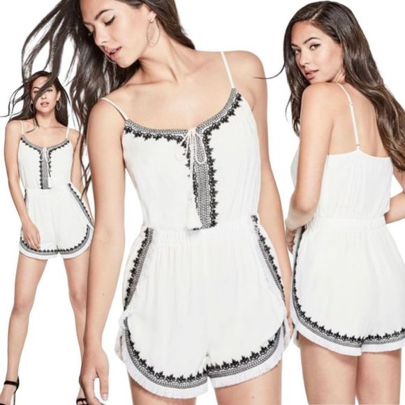 Guess Women's White Embroidered Boho Tassel Romper Size Medium - Picture 1 of 11